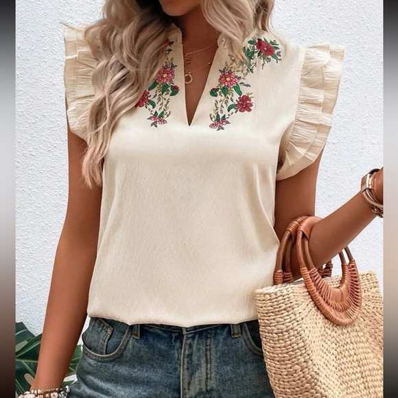 Boho floral print notched neck butterfly sleeve blouse - Picture 6 of 6